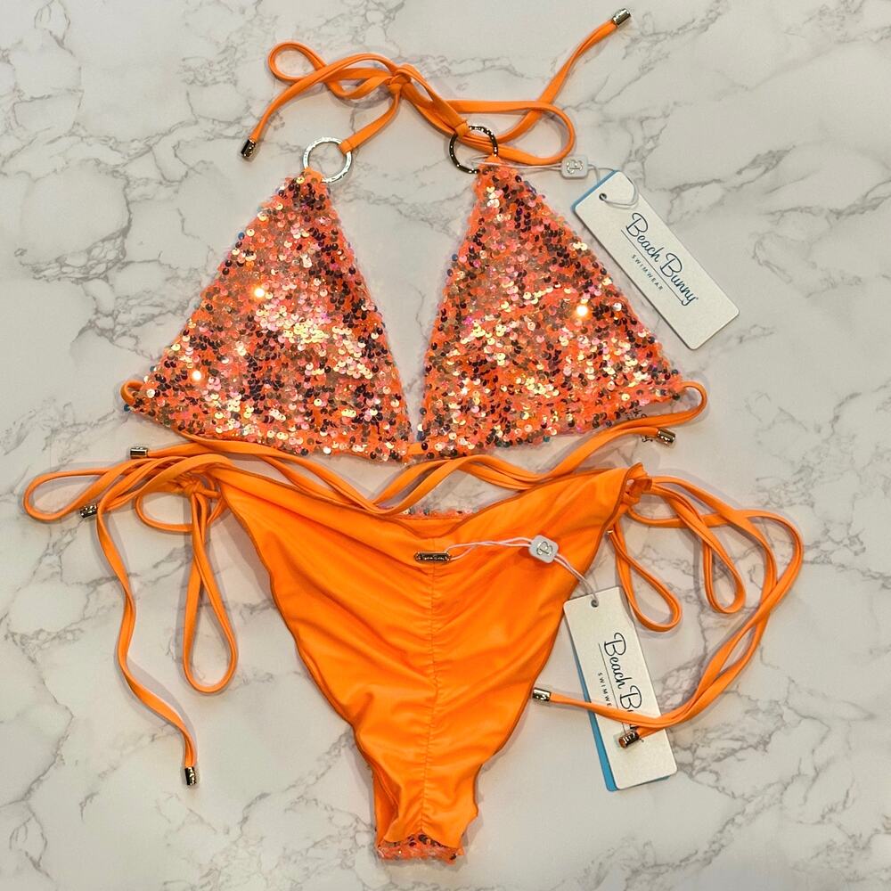 Beach Bunny Orange Icon Triangle Top DD & Icon L Tie Side Skimpy Bottom M $250 - Picture 13 of 14